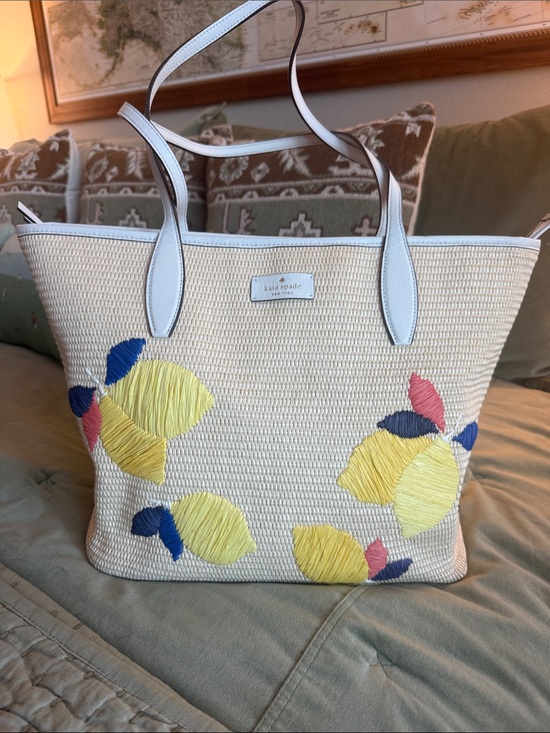 kate spade Handbags - Kate Spade Cream Straw Tote with Yellow Lemon Embroidery and Navy & Pink Accents
